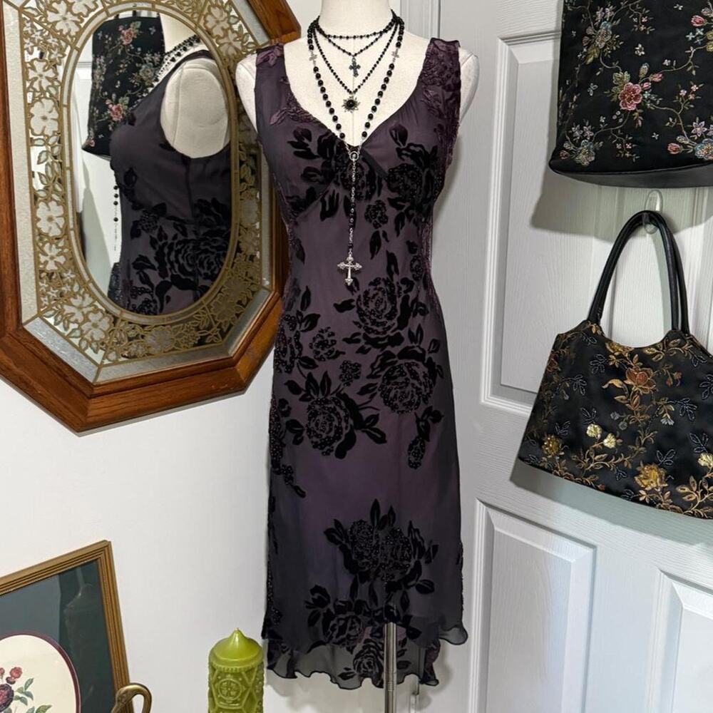 VTG Y2K Robbie Bee Black & Pink/Purple Floral Velvet Burnout Beaded Silk Dress